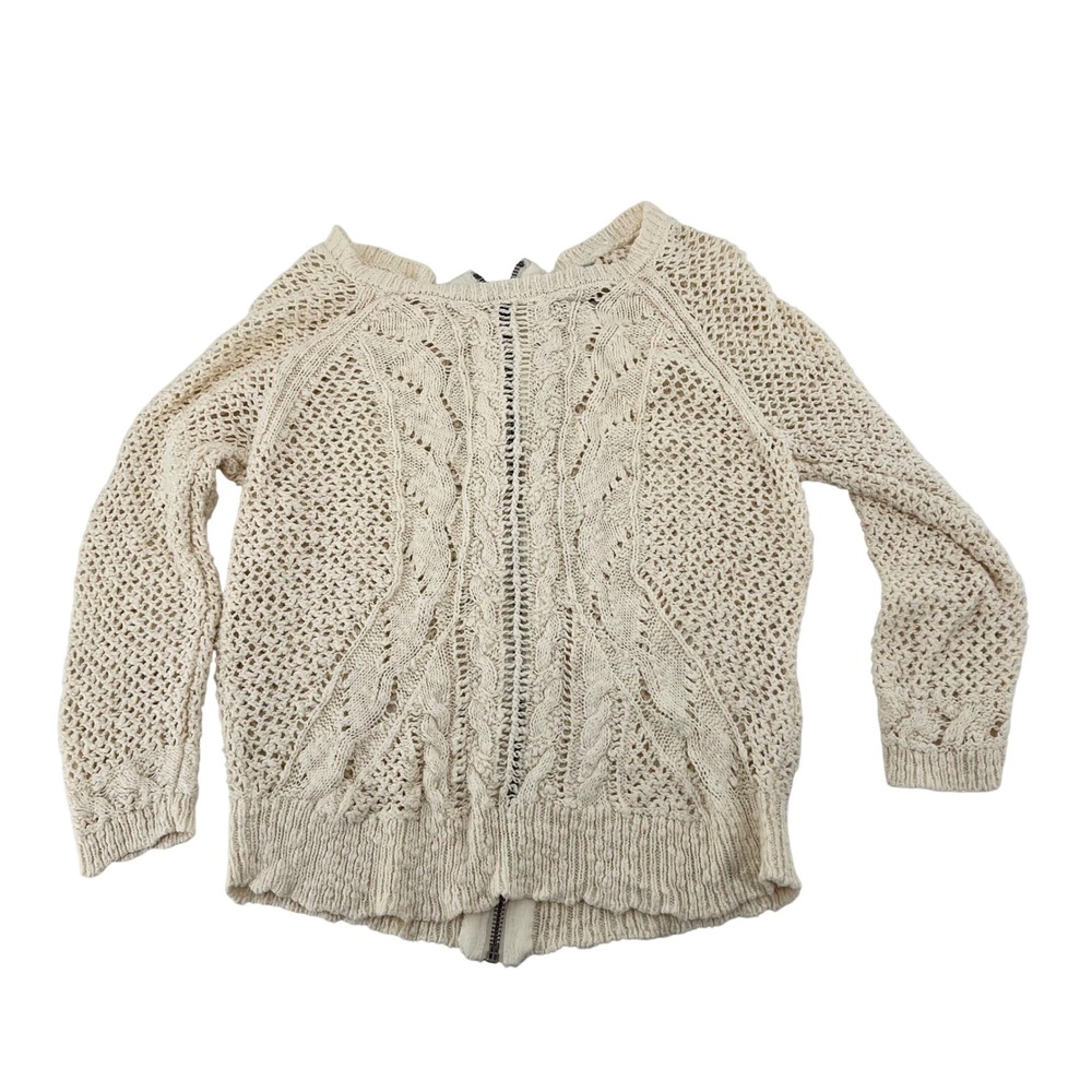 Lucky Brand Womens Ivory Crochet Cable Knit Sweater Back Zip Scoop Neck Small